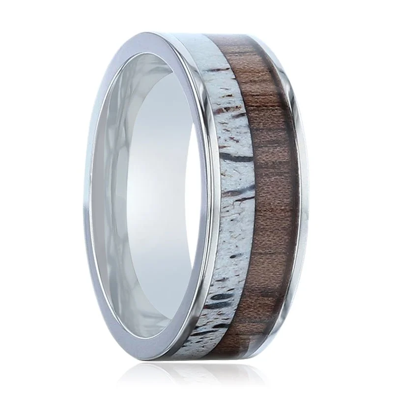 stackable wedding rings for women-DARBY | Silver Titanium Ring, Deer Antler and Black Walnut Wood Inlay, Flat