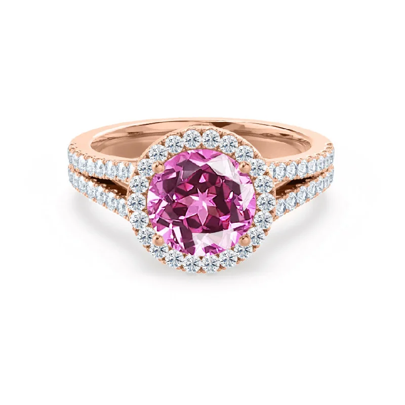 affordable diamond engagement rings-AMELIA - Chatham® Lab Grown Pink Sapphire & Diamond 18k Rose Gold Halo Ring