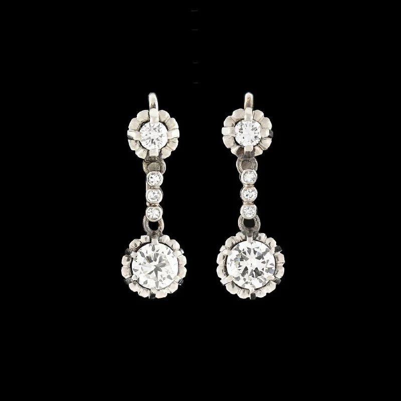 floral earrings for women-Late Art Deco Platinum Diamond Dangle Earrings 1.75ctw