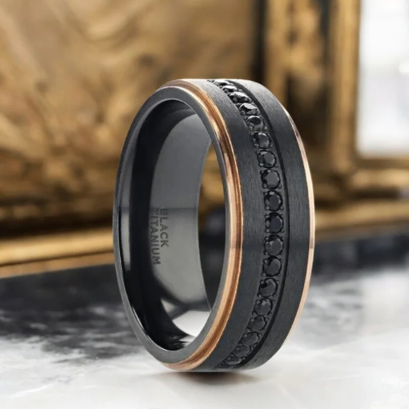 gemstone stacking rings for women-ASTRO | Black Titanium Ring, Sapphire Stones, Rose Gold Stepped Edges