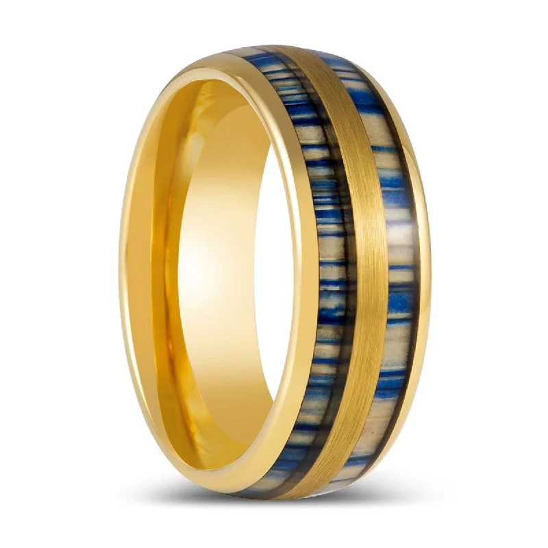 affordable wedding rings for women-GALLOWAY | Yellow Gold Tungsten Ring Blue Dyed Bamboo Inlay