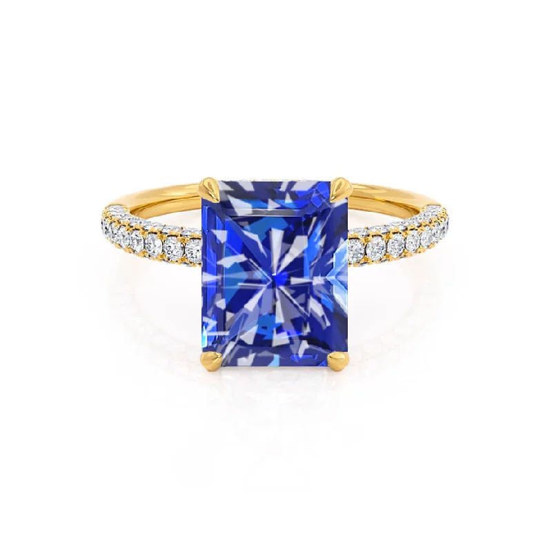 unique sapphire engagement rings-COCO - Chatham® Radiant Blue Sapphire & Diamond 18k Yellow Gold Petite Hidden Halo Triple Pavé Shoulder Set Ring