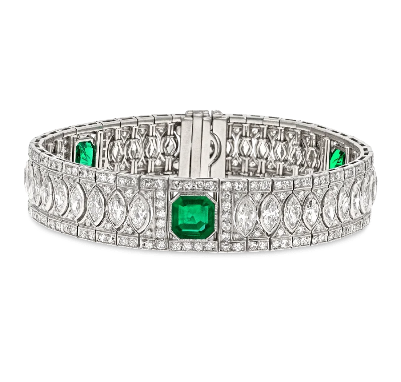 fitness bangles for women-Art Deco Untreated Colombian Emerald and Diamond Bracelet