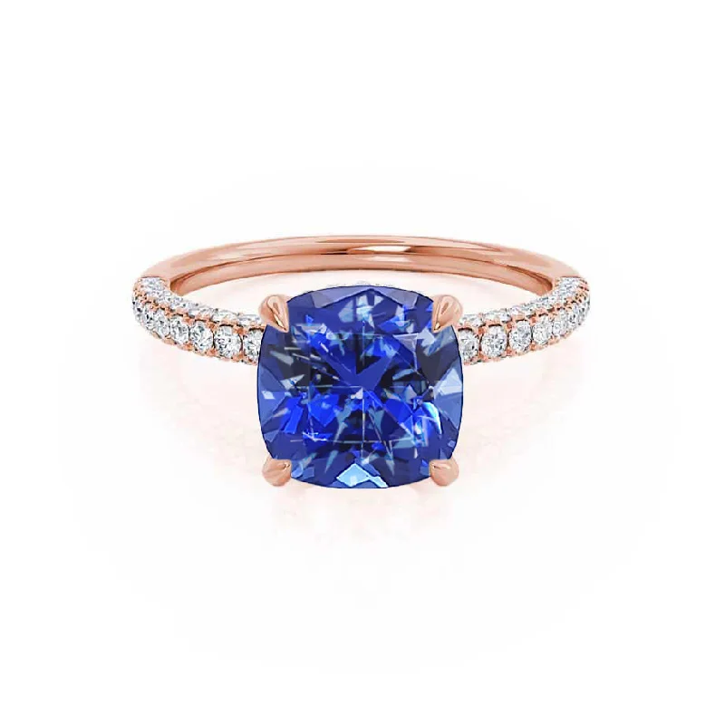 platinum diamond engagement rings-COCO - Chatham® Cushion Blue Sapphire & Diamond 18k Rose Gold Hidden Halo Triple Pavé Shoulder Set