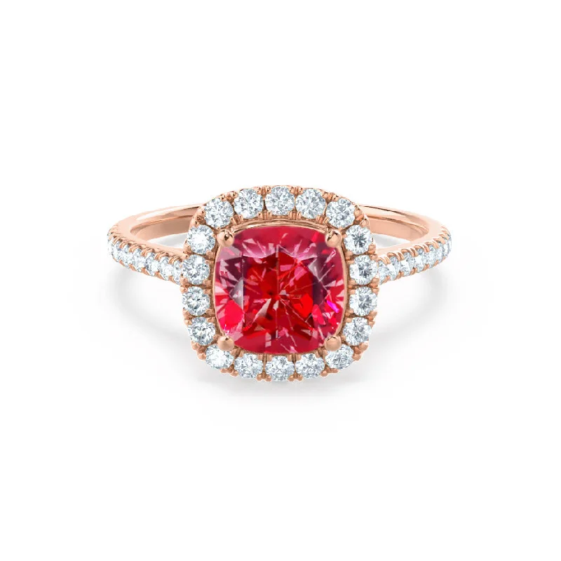 gold diamond engagement rings-VIOLETTE - Chatham® Cushion Ruby & Diamond 18k Rose Gold Petite Halo Ring