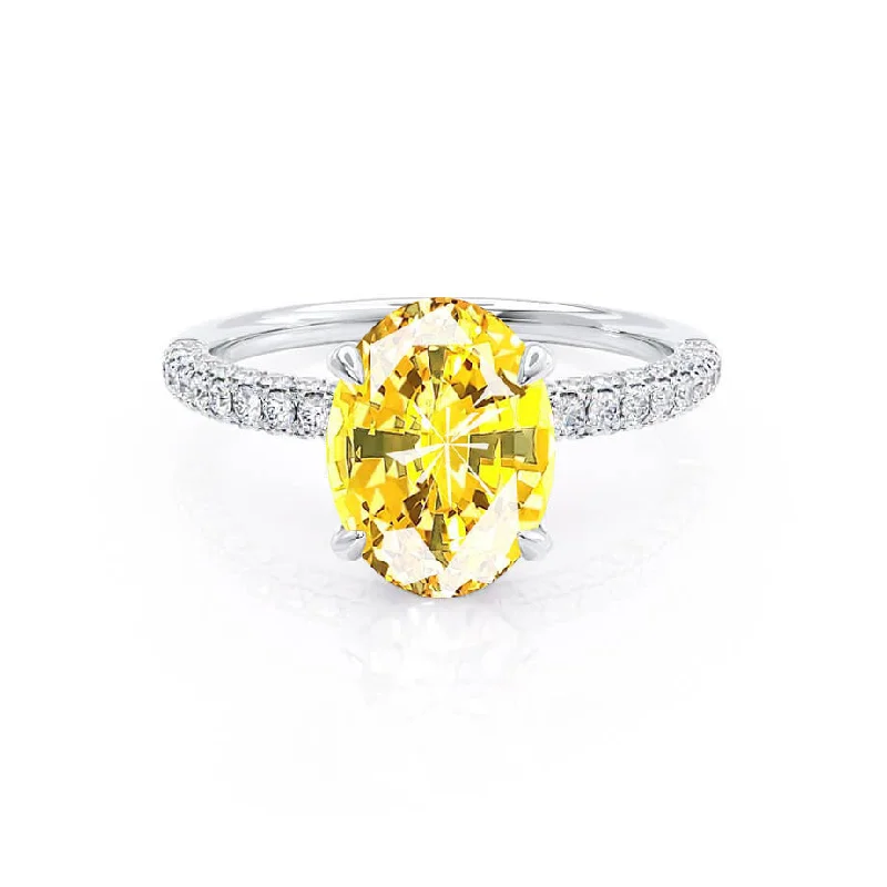 princess cut engagement rings-COCO - Chatham® Oval Yellow Sapphire & Diamond 18k White Gold Petite Hidden Halo Triple Pavé Shoulder Set Ring