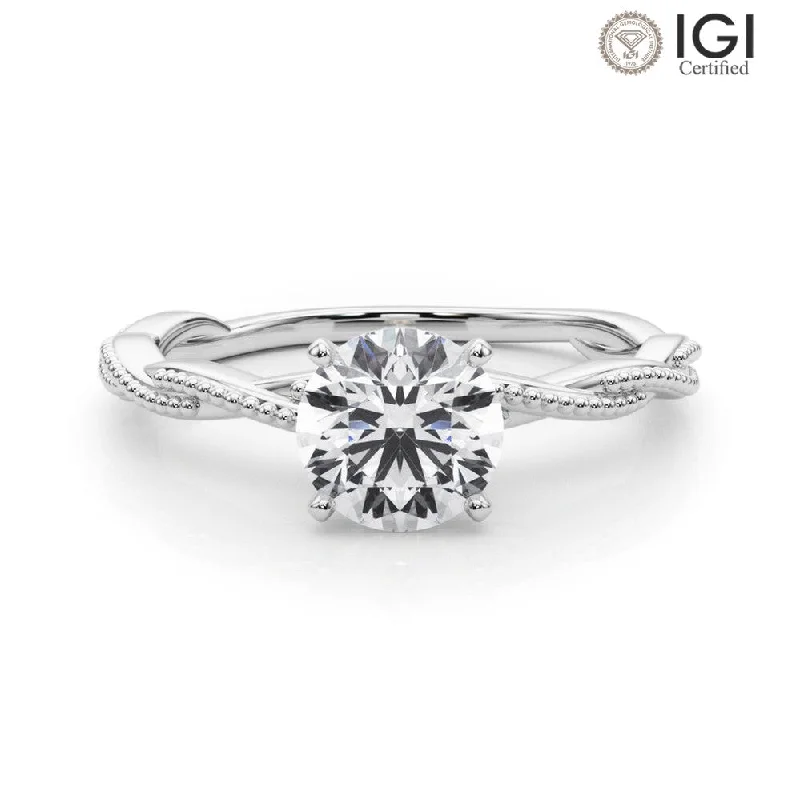 luxury wedding rings for women-Anastasia Twisted Vine Round Lab Grown Diamond Solitaire Engagement Ring IGI Certified