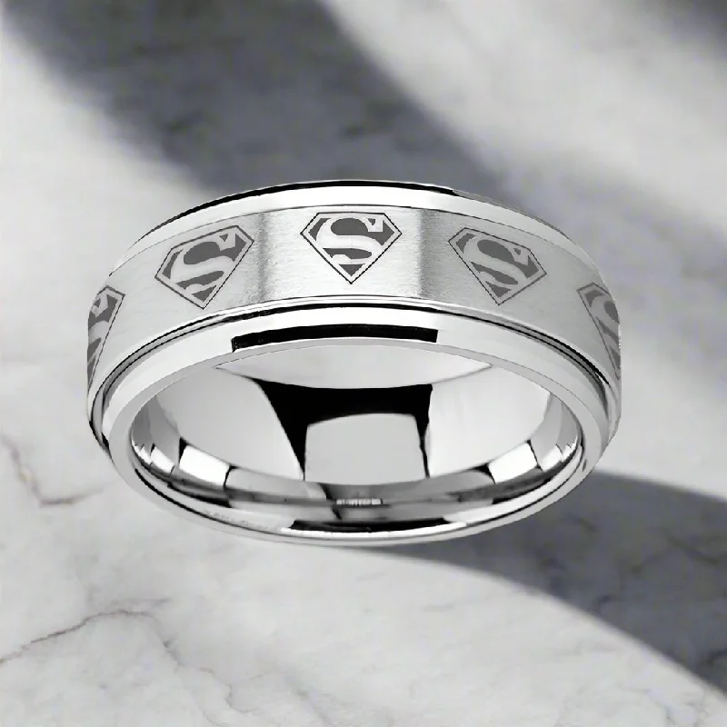 custom wedding rings for women-SUPREME | Silver Tungsten Ring, Fidget Spinner, Laser Engraved Superman, Beveled