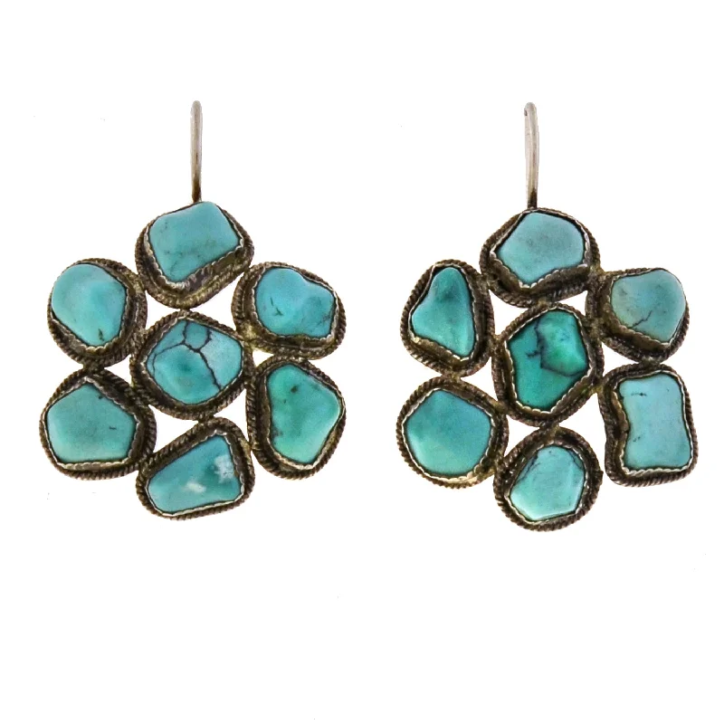 elegant earrings for women-Art Deco Chinese Sterling + Turquoise Cluster Earrings