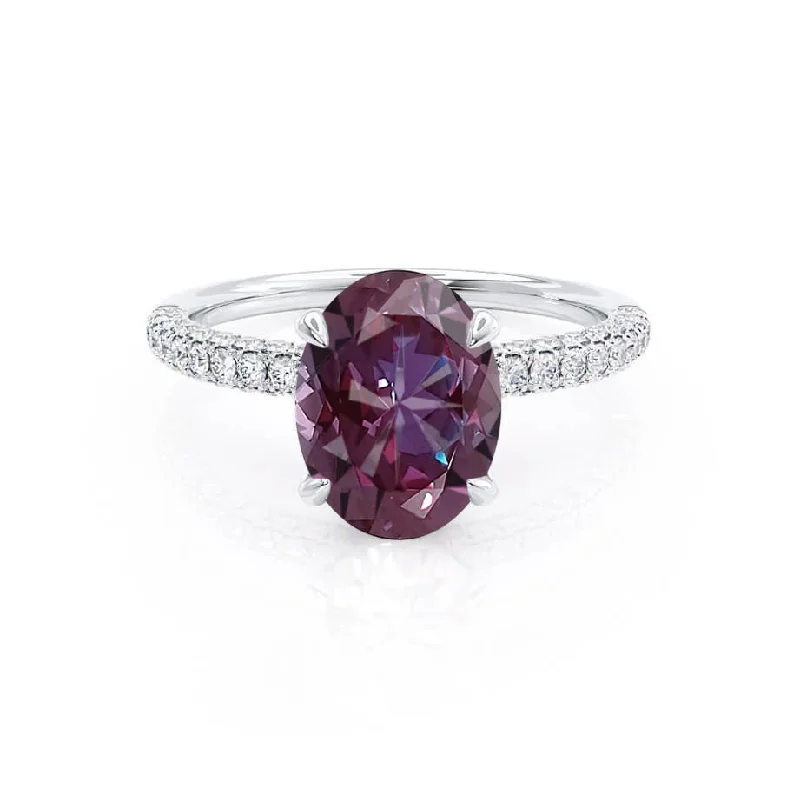 custom-cut engagement rings-COCO - Chatham® Oval Alexandrite & Diamond 950 Platinum Petite Hidden Halo Triple Pavé Shoulder Set Ring