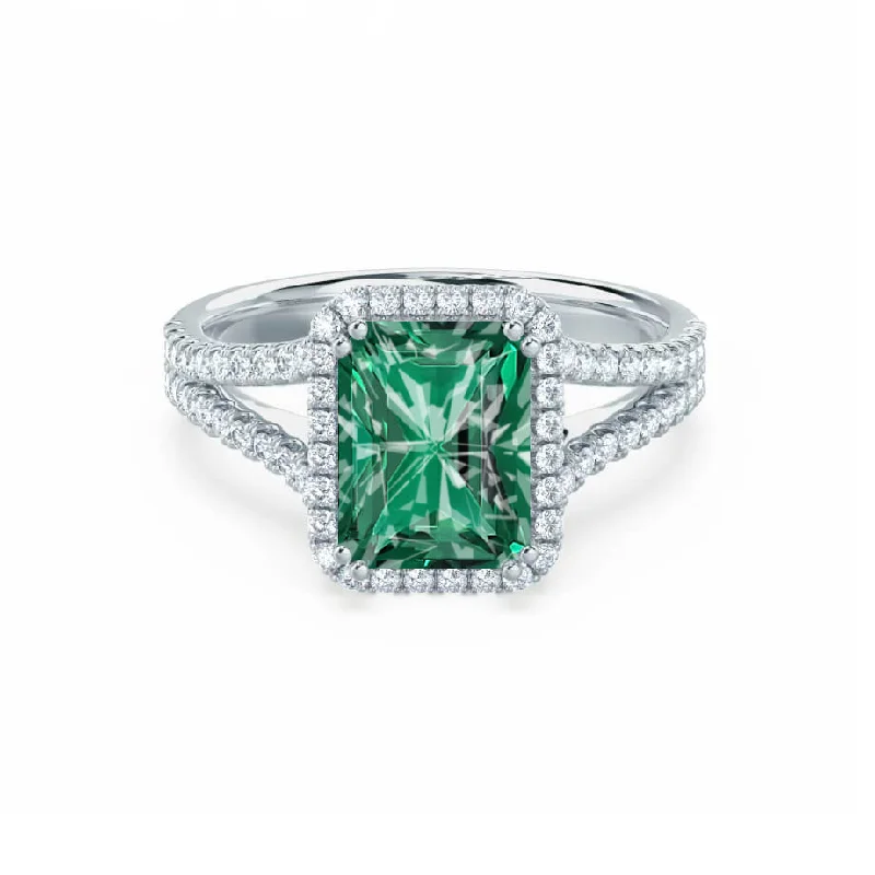 platinum engagement rings-EVERLY - Chatham® Radiant Emerald & Diamond 950 Platinum Split Shank Halo Ring