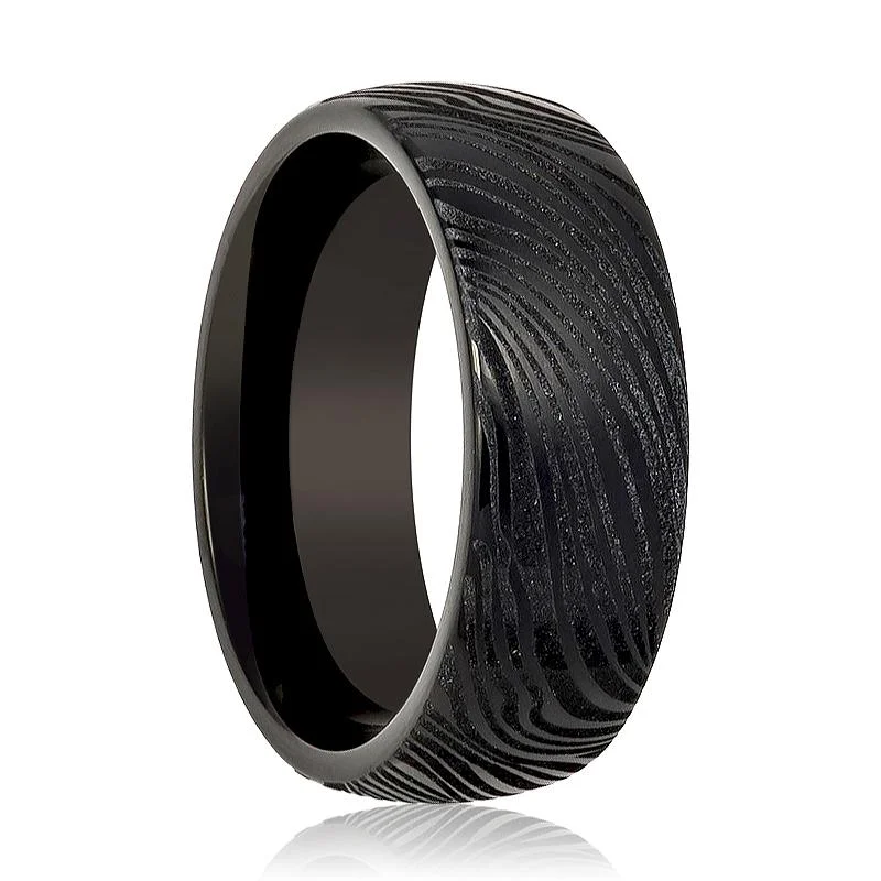 eternity rings for women-MUKUGLO | Black Tungsten Ring, Laser Engraved Mukume Gane Effect, Domed