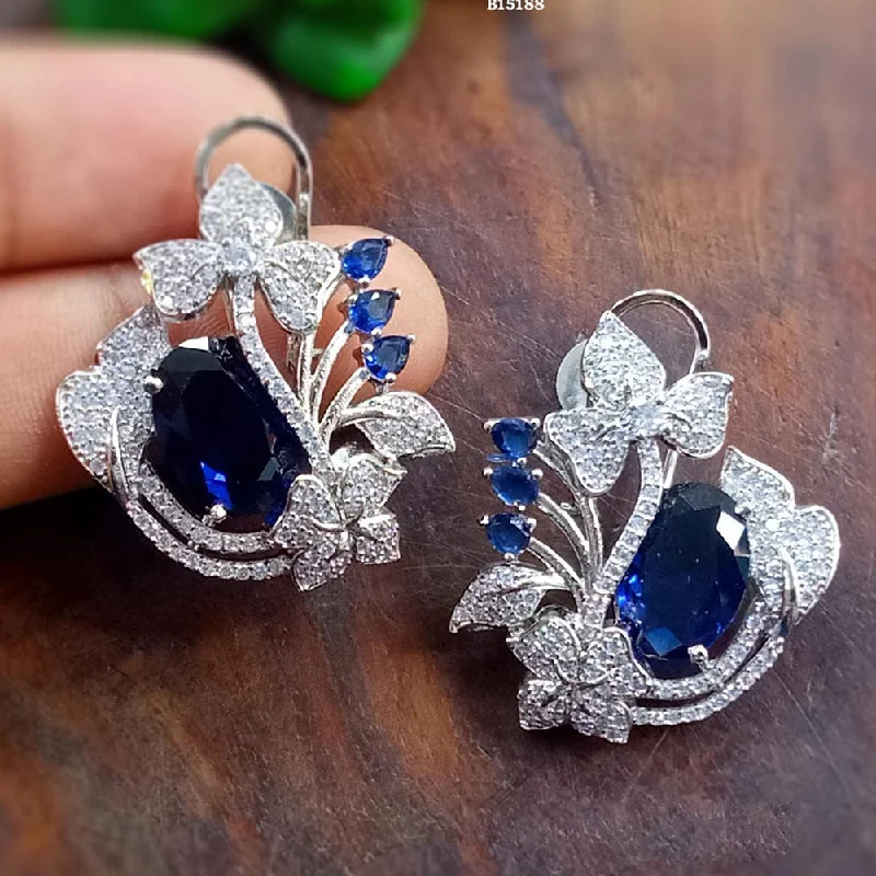 unique earrings for women-Blue Petal Diamond Silver Plated AD Studs Earrings