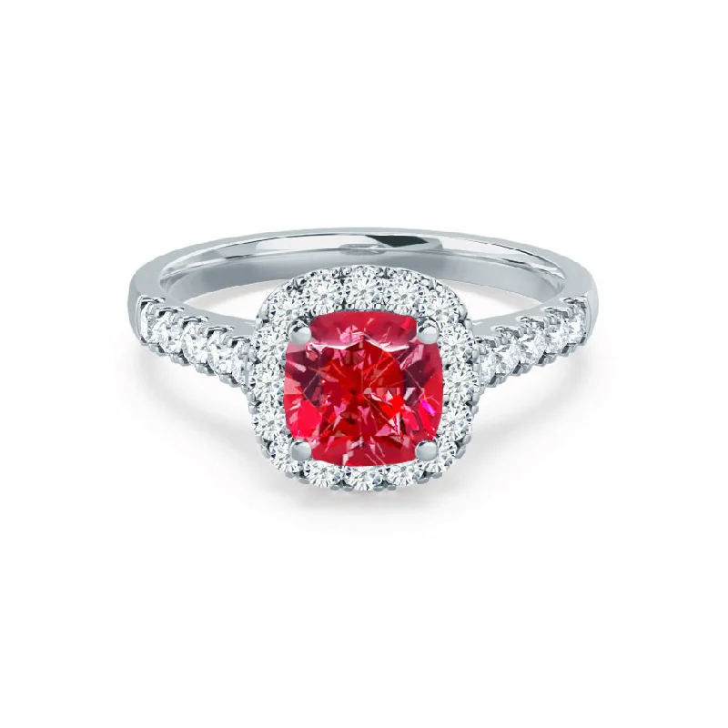 classic engagement rings-OPHELIA - Chatham® Lab Grown Red Ruby & Diamond Platinum Halo Ring