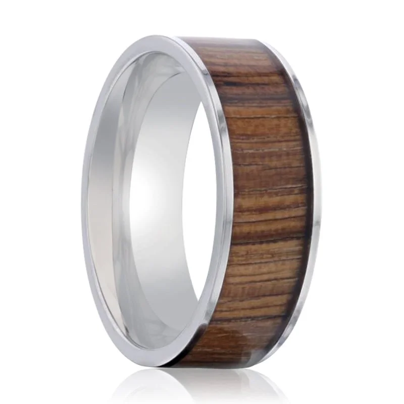 stacking rings for women-LAMAR | Silver Titanium Ring, Zebra Wood Inlay, Flat