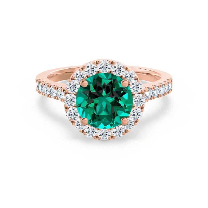 gold engagement rings-CECILY - Chatham® Lab Grown Emerald & Diamond 18k Rose Gold Halo Ring