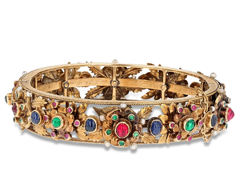 golden bangles for women-Victorian Ruby, Sapphire and Emerald Bangle Bracelet