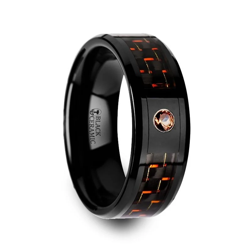 platinum rings for women-HELSING | Black Ceramic Ring, Orange Padparadscha Stone, Black & Orange Carbon Fiber Inlay, Beveled