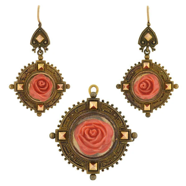 diamond drop earrings for women-Victorian 18kt Carved Coral Rose Earring & Pin/Pendant Set