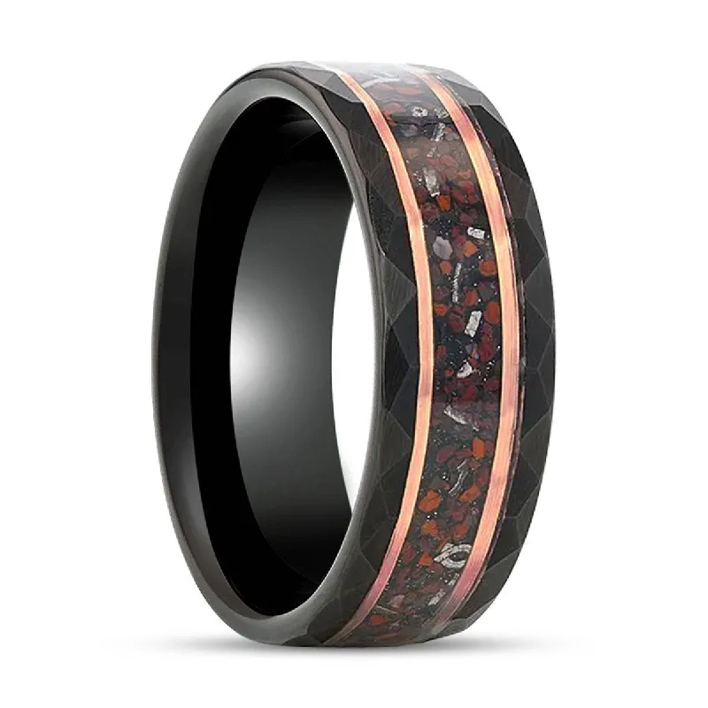 fashion wedding rings for women-INFERNO | Black Tungsten Ring, Hammered, Dinosaur & Meteorite Inlay