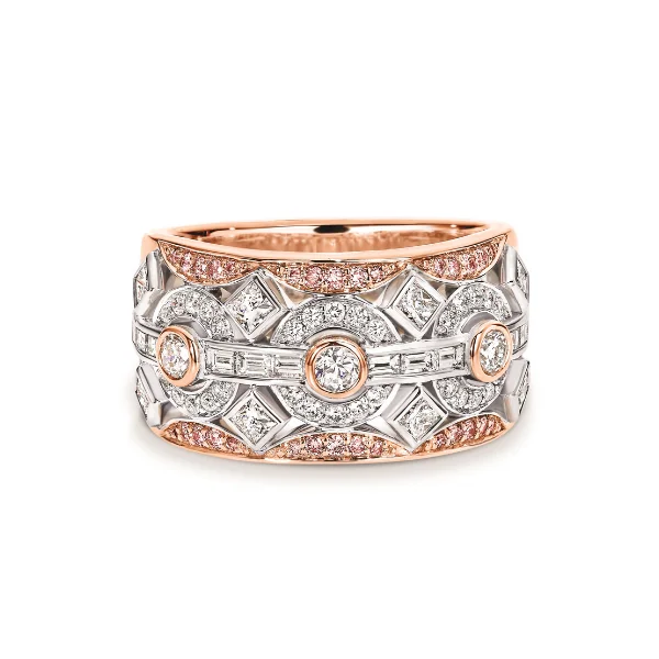 gold diamond rings for women-Rose Gold Art Deco Ring with Pink Diamonds