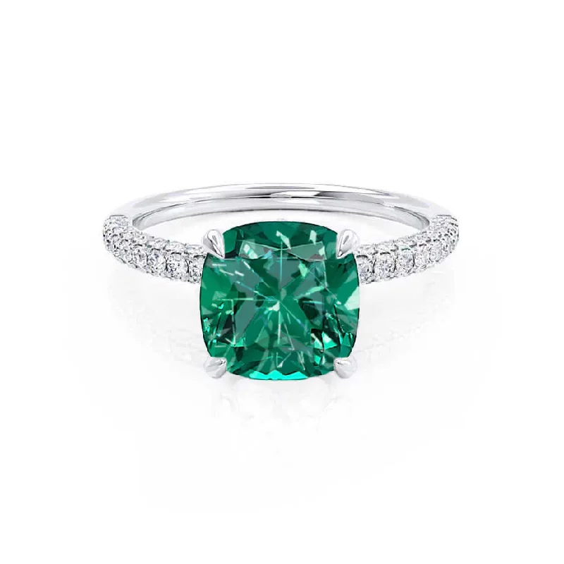 affordable engagement rings-COCO - Chatham® Cushion Emerald & Diamond 18k White Gold Hidden Halo Triple Pavé Shoulder Set