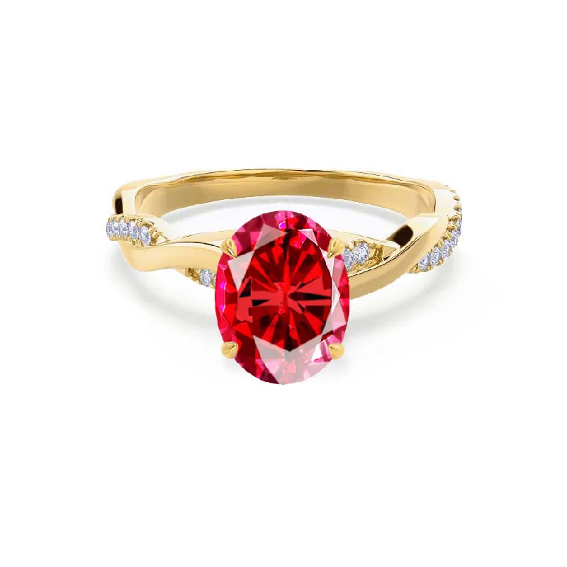 luxury diamond engagement rings-EDEN - Chatham® Oval Ruby & Diamond 18k Yellow Gold Vine Solitaire Ring