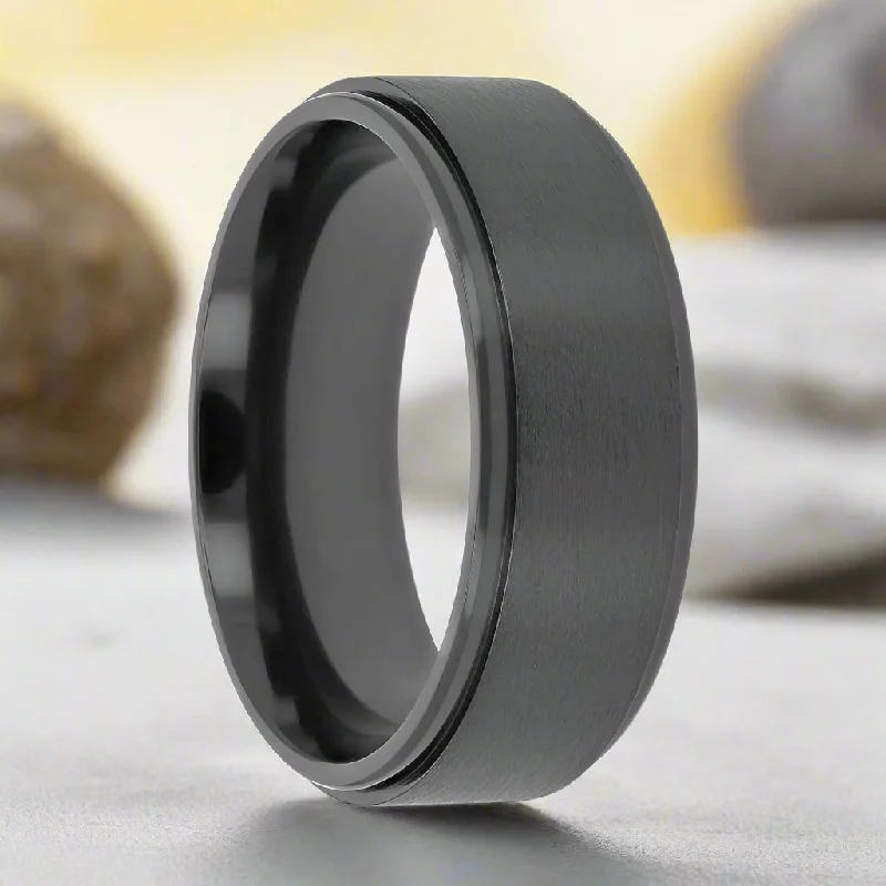 luxury gold rings for women-BABYLON | Black Titanium Ring, Brushed Raised Center, Stepped Edges