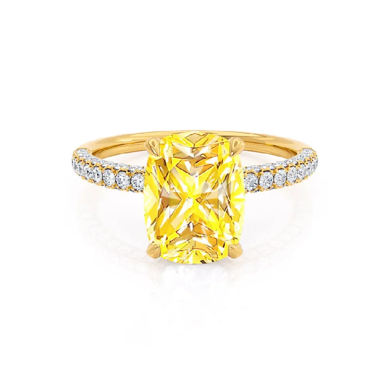 vintage diamond engagement rings-COCO - Chatham® Elongated Cushion Cut Yellow Sapphire 18k Yellow Gold Petite Hidden Halo Triple Pavé