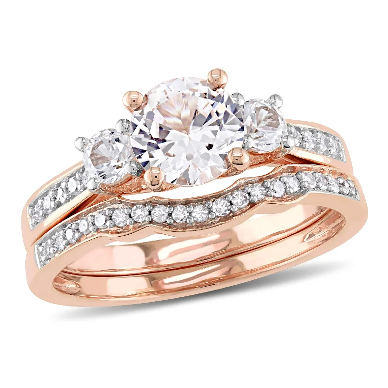 antique-style engagement rings-Mimi & Max 1 1/3ct TGW Created White Sapphire and 1/8ct TW Diamond Bridal Ring Set 10k Rose Gold