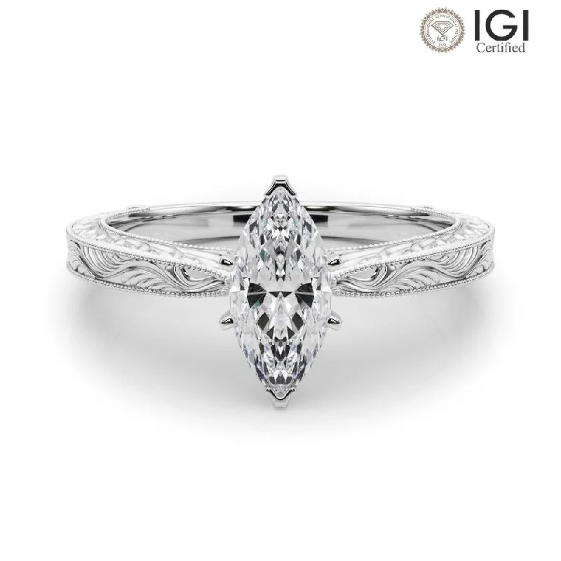 gold wedding bands for women-Victoria Marquise Lab Grown Diamond Solitaire Engagement Ring IGI Certified