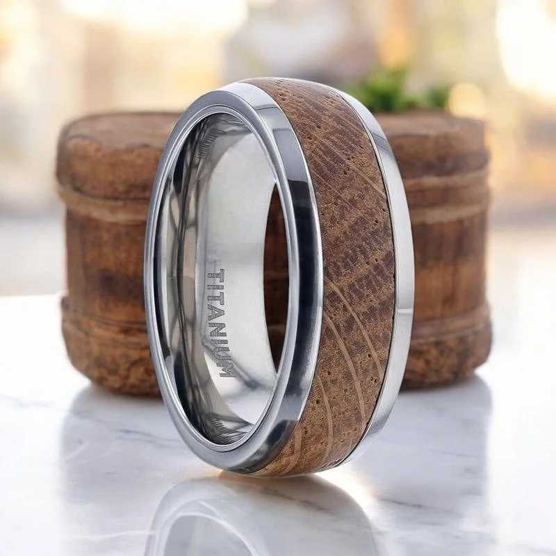 chunky rings for women-STAVE | Silver Titanium Ring, Whiskey Barrel Wood Inlay, Domed