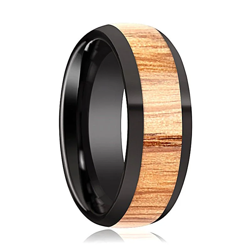 silver eternity rings for women-AMBROSE | Black Ceramic Ring, Red Oak Wood Inlay, Domed