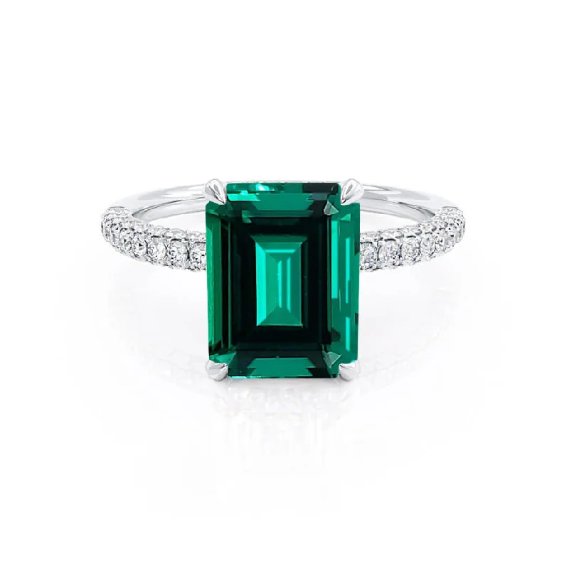 luxurious engagement rings-COCO - Chatham® Emerald & Diamond 950 Platinum Petite Hidden Halo Triple Pavé Ring