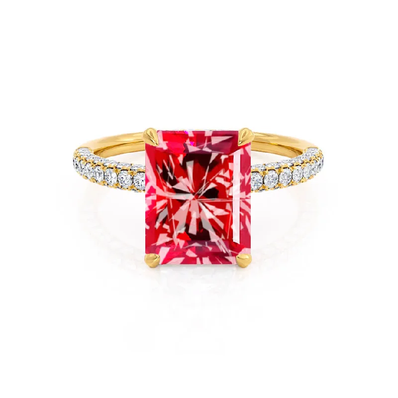 silver engagement rings-COCO - Chatham® Radiant Ruby & Diamond 18k Yellow Gold Petite Hidden Halo Triple Pavé Shoulder Set Ring