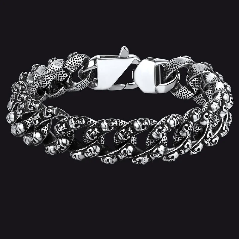 silver charm bracelets for women-Chunky Heavy Skull Cuban Chain Bracelet for Men