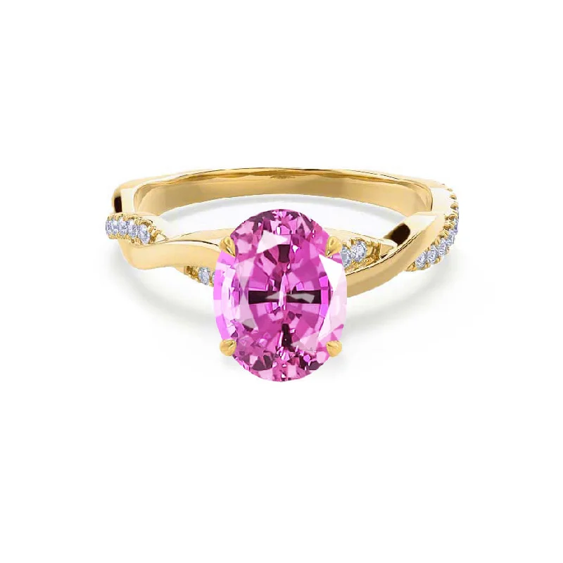 wedding engagement ring sets-EDEN - Chatham® Oval Pink Sapphire & Diamond 18k Yellow Gold Vine Solitaire Ring