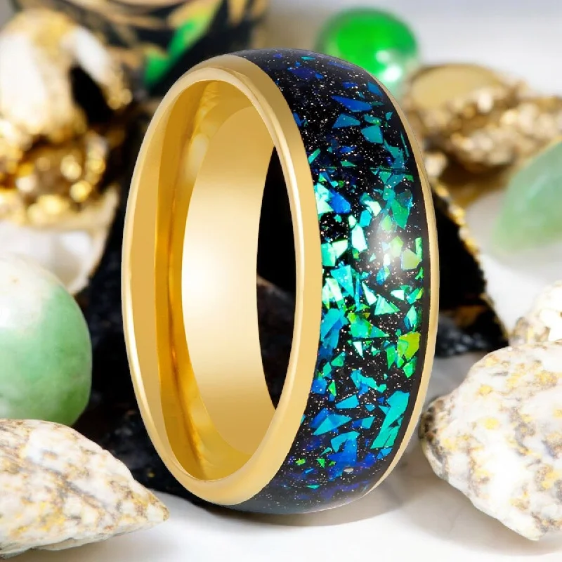 trendy engagement rings for women-ABALUX | Gold Tungsten Ring, Abalone Shell & Green Opal Inlay, Domed