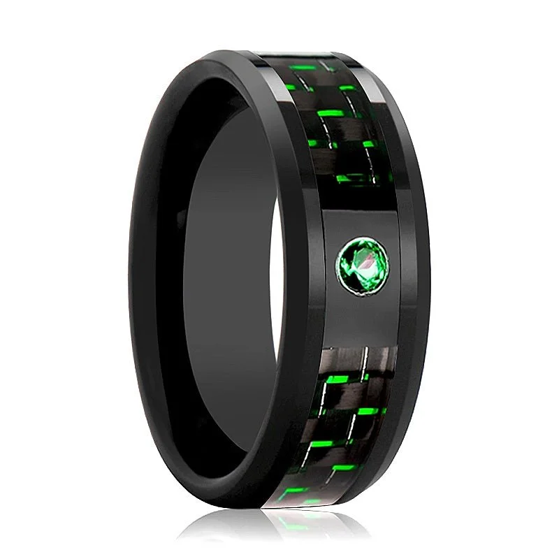 affordable wedding rings for women-HADAR | Black Ceramic Ring, Green Emerald Stone, Green Carbon Fiber, Beveled