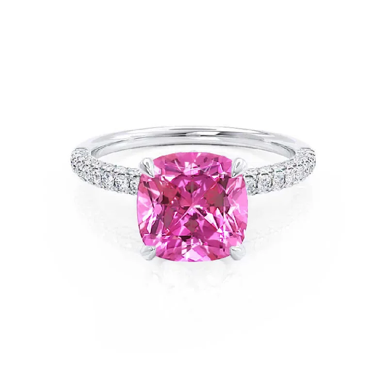 engagement rings with gemstones-COCO - Chatham® Cushion Pink Sapphire & Diamond 950 Platinum Hidden Halo Triple Pavé Shoulder Set