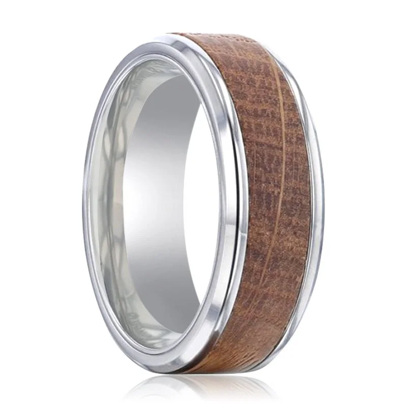 luxury gold rings for women-CASK | Silver Titanium Ring, Whiskey Barrel Wood Inlay, Beveled