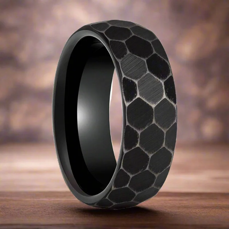 wedding band rings for women-HEXANITE | Black Tungsten Ring, Antiqued Faceted Hammered, Domed