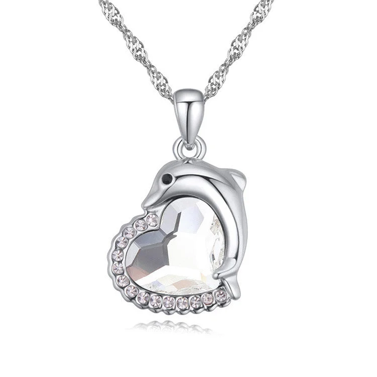 engraved necklaces for women-Swarovski Crystal Dolphin Heart Pendant Necklace - Various Stone Colours