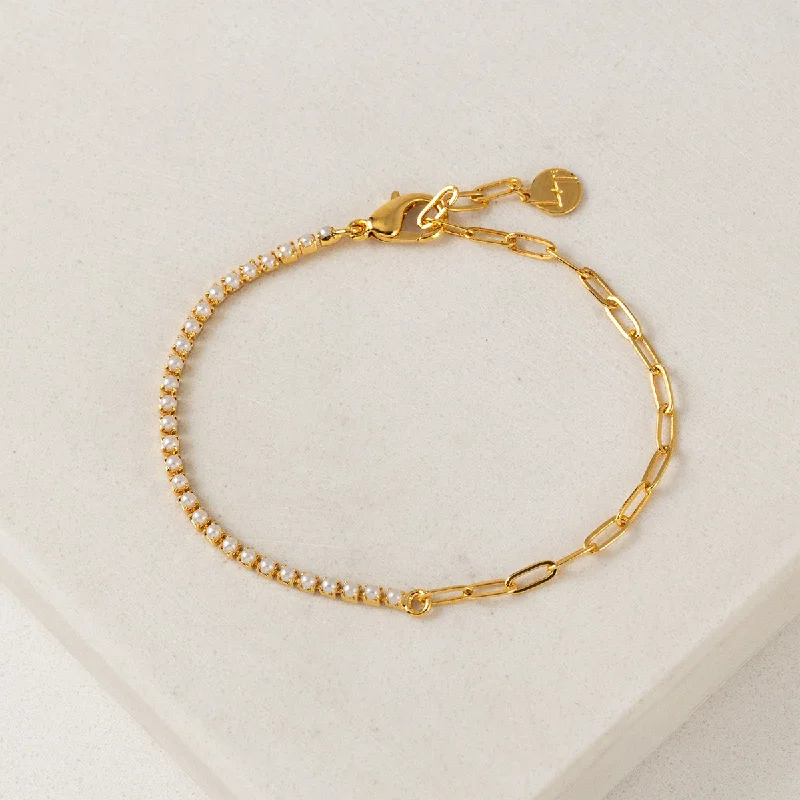 chunky bracelets for women-Gold Plated Tennis Pearl Paperclip Bracelet