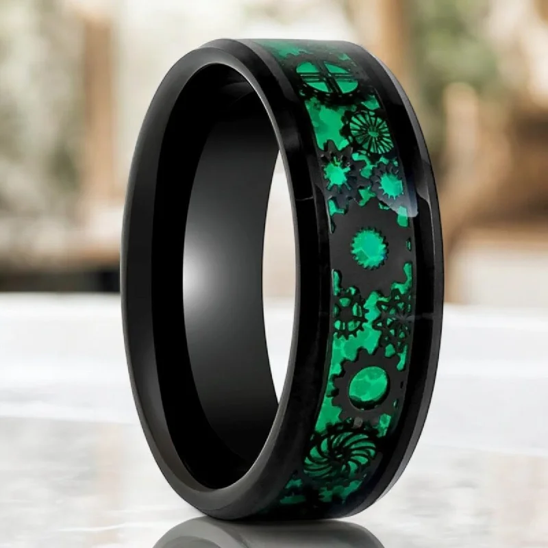 fashionable wedding rings for women-COGSPRING | Black Tungsten Ring, Steampunk Gear over Green Carbon Fiber Inlay