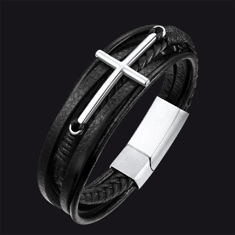 simple bracelets for women-Christian Cross Multi-Layer Braided Leather Bracelet for Men