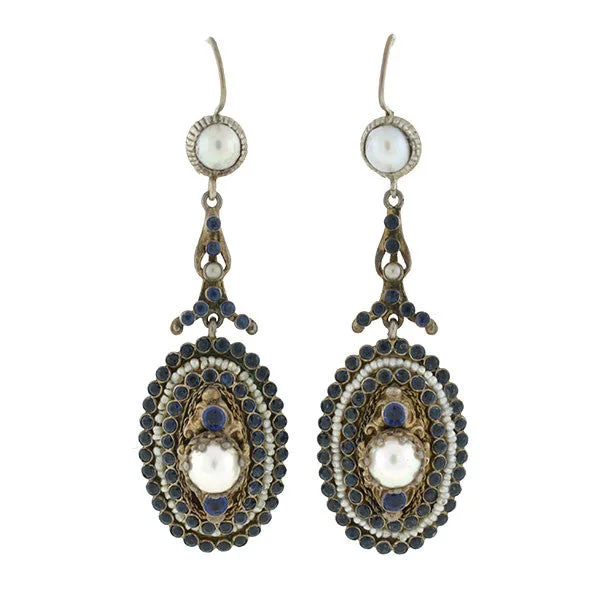 butterfly gold earrings for women-Arts & Crafts Era Austro-Hungarian Sterling Gilt Faux Sapphire & Pearl Earrings