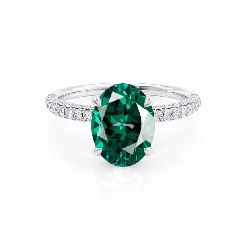 luxury diamond engagement rings-COCO - Chatham® Oval Emerald & Diamond 18k White Gold Petite Hidden Halo Triple Pavé Shoulder Set Ring