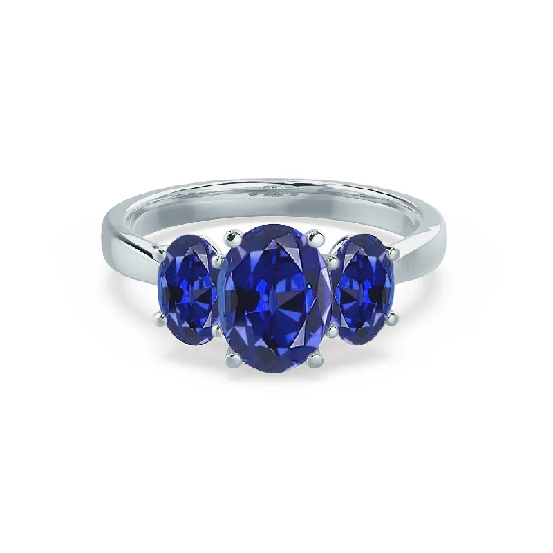 modern diamond engagement rings-EVERDEEN - Chatham® Oval Blue Sapphire 18k White Gold Trilogy Ring