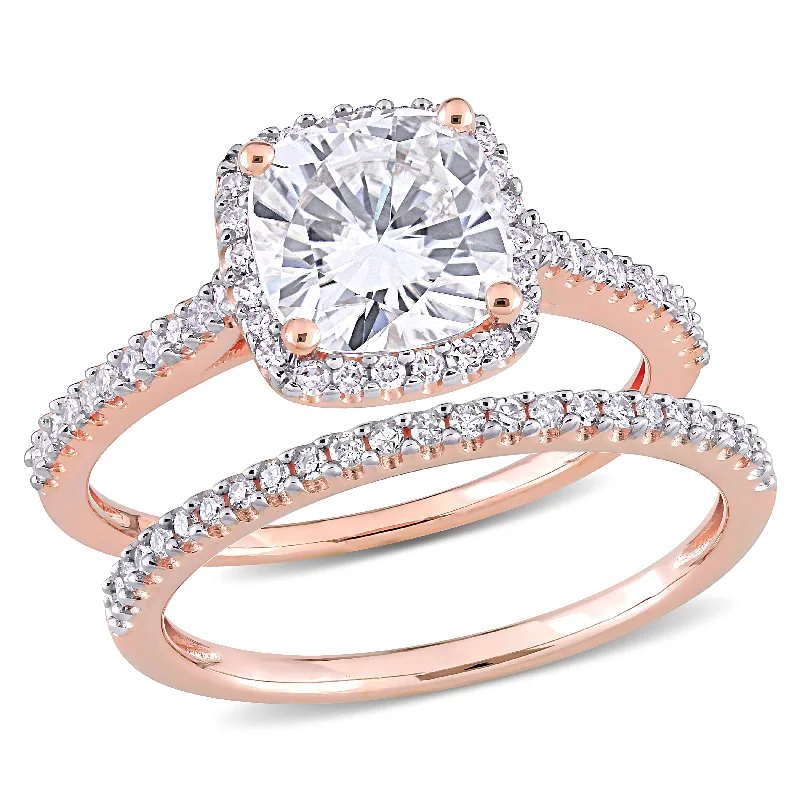 personalized engagement rings-Mimi & Max 2ct DEW Cushion Created Moissanite and 1/3ct TW Diamond Bridal Ring Set in 14k Rose Gold